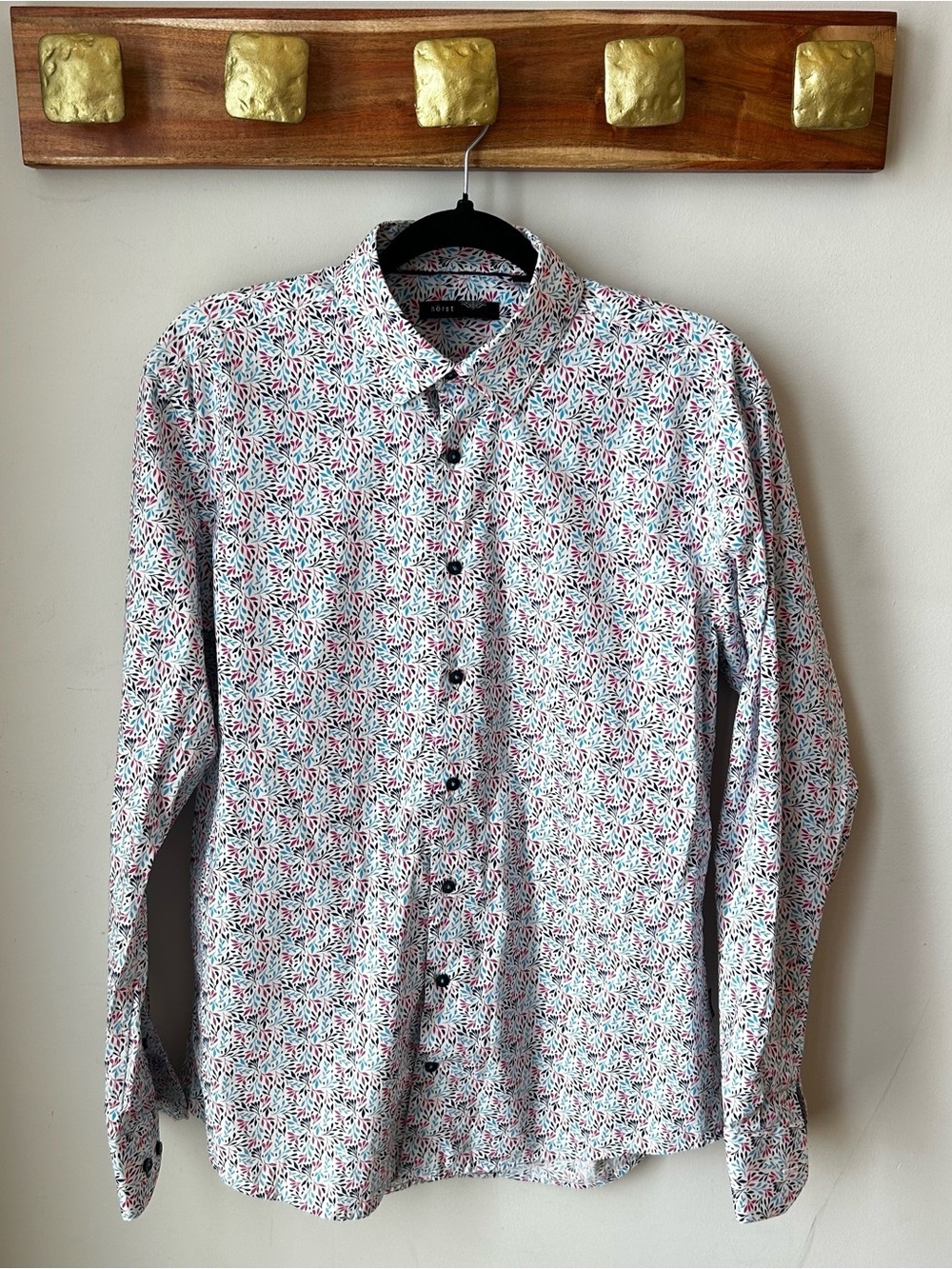 Hörst Men's White Cotton Shirt Small Floral Print Size 16.5 Large Slim Fit